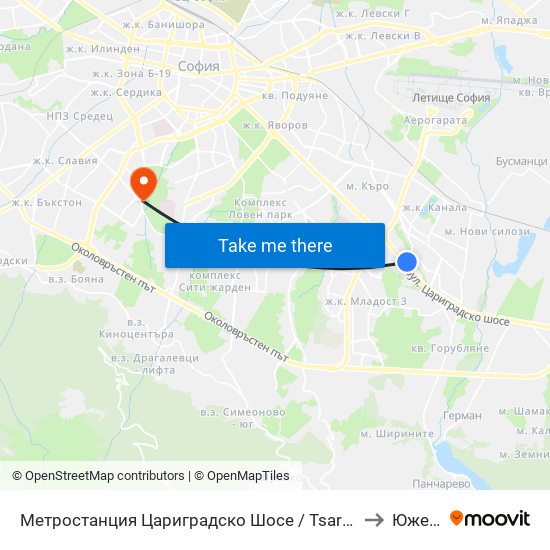 Метростанция Цариградско Шосе / Tsarigradsko Shosse Metro Station (1016) to Южен Парк map