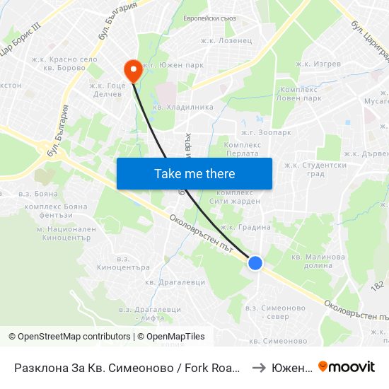 Разклона За Кв. Симеоново / Fork Road To Simeonovo Qr. (1458) to Южен Парк map