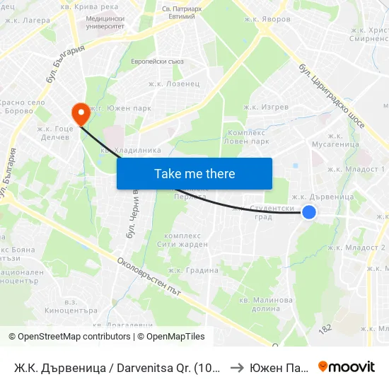 Ж.К. Дървеница / Darvenitsa Qr. (1015) to Южен Парк map