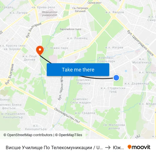 Висше Училище По Телекомуникации / University Of Telecommunications And Post (1396) to Южен Парк map