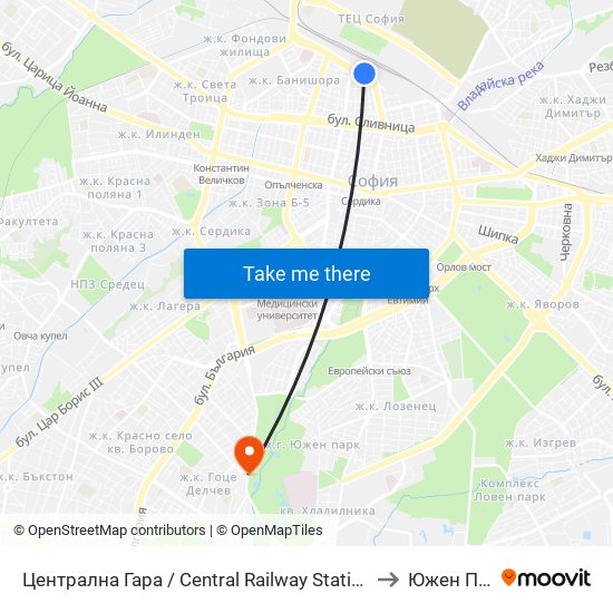 Централна Гара / Central Railway Station (1327) to Южен Парк map