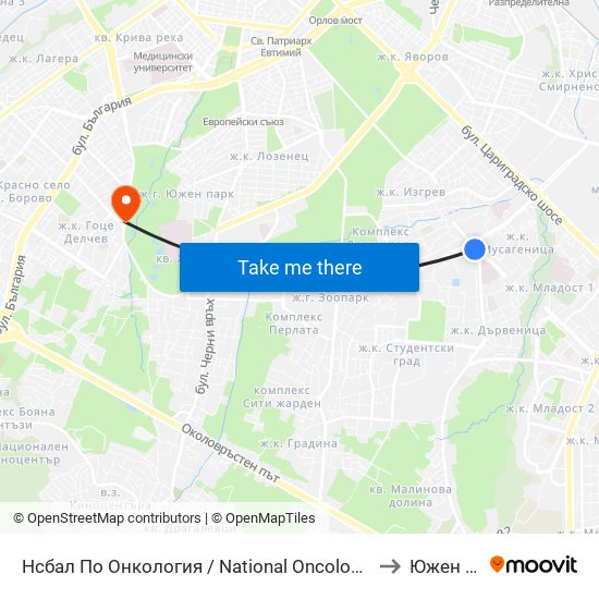 Нсбал По Онкология / National Oncology Hospital (0764) to Южен Парк map
