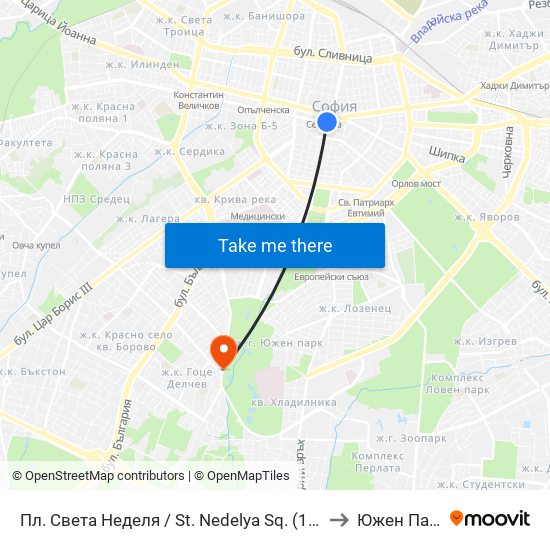 Пл. Света Неделя / St. Nedelya Sq. (1308) to Южен Парк map