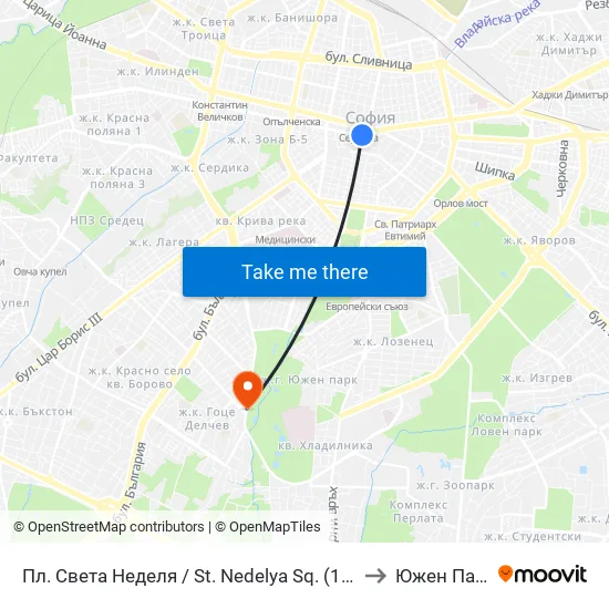 Пл. Света Неделя / St. Nedelya Sq. (1308) to Южен Парк map