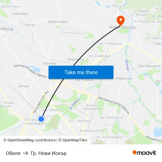 Обеля to Гр. Нови Искър map
