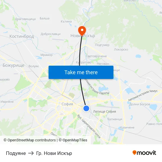 Подуяне to Гр. Нови Искър map