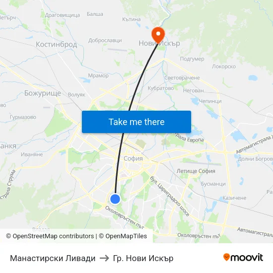 Манастирски Ливади to Гр. Нови Искър map