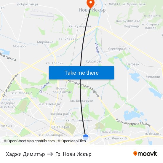Хаджи Димитър to Гр. Нови Искър map