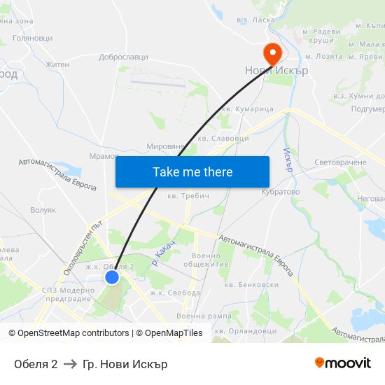Обеля 2 to Гр. Нови Искър map