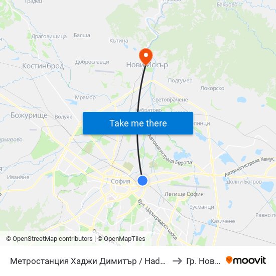 Метростанция Хаджи Димитър / Hadzhi Dimitar Metro Station (0303) to Гр. Нови Искър map