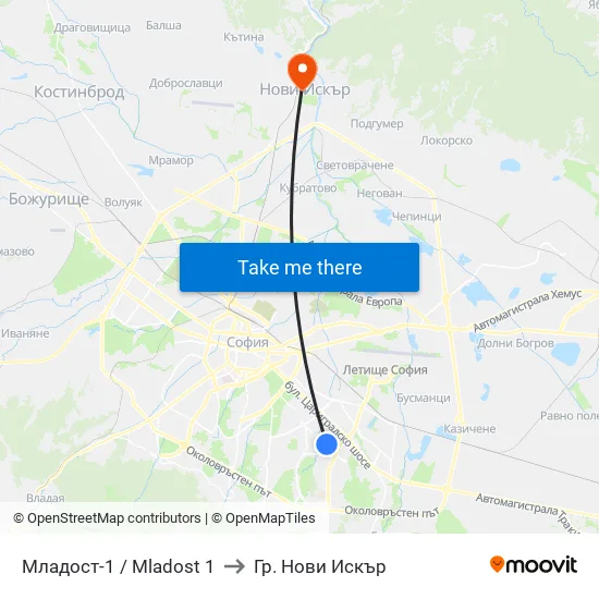 Младост 1 / Mladost 1 to Гр. Нови Искър map
