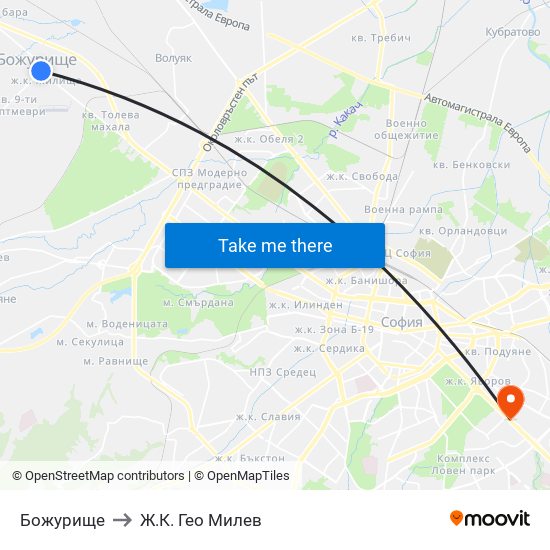 Божурище to Ж.К. Гео Милев map