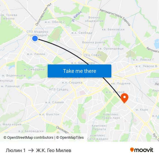 Люлин 1 to Ж.К. Гео Милев map
