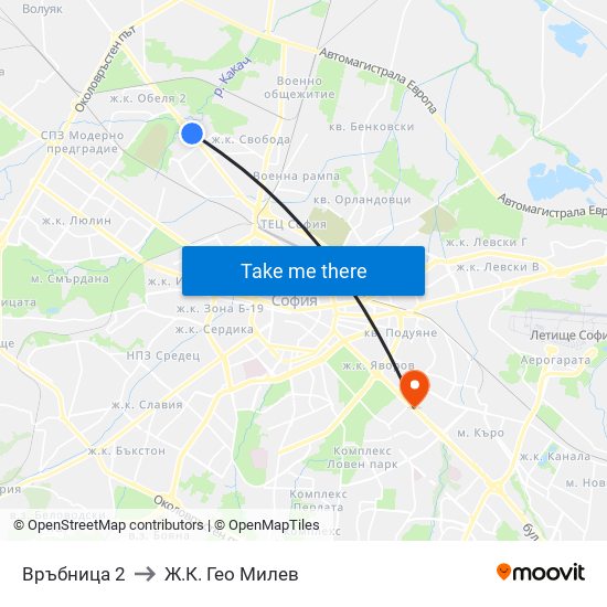 Връбница 2 to Ж.К. Гео Милев map