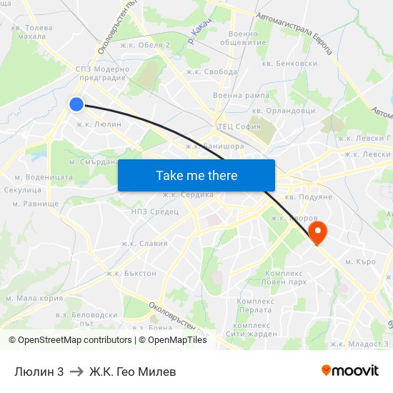Люлин 3 to Ж.К. Гео Милев map