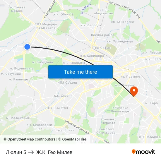 Люлин 5 to Ж.К. Гео Милев map