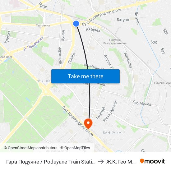 Гара Подуяне / Poduyane Train Station (0466) to Ж.К. Гео Милев map