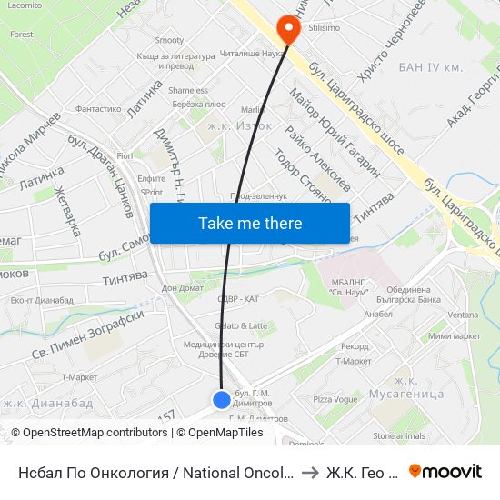 Нсбал По Онкология / National Oncology Hospital (2542) to Ж.К. Гео Милев map