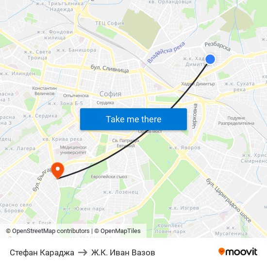Стефан Караджа to Ж.К. Иван Вазов map