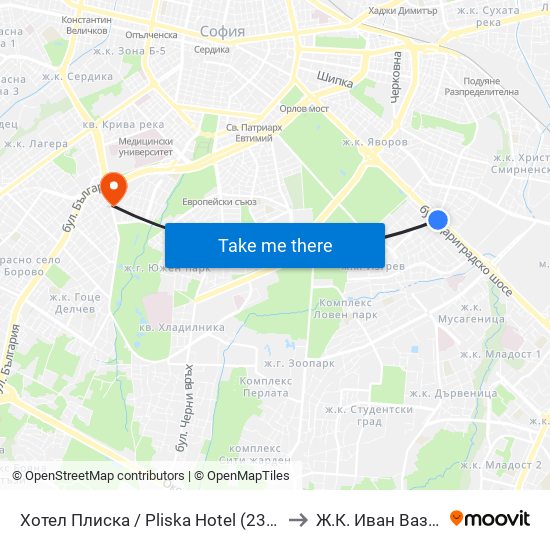 Хотел Плиска / Pliska Hotel (2326) to Ж.К. Иван Вазов map