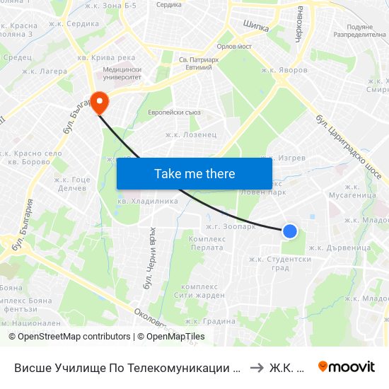 Висше Училище По Телекомуникации / University Of Telecommunications And Post (1397) to Ж.К. Иван Вазов map