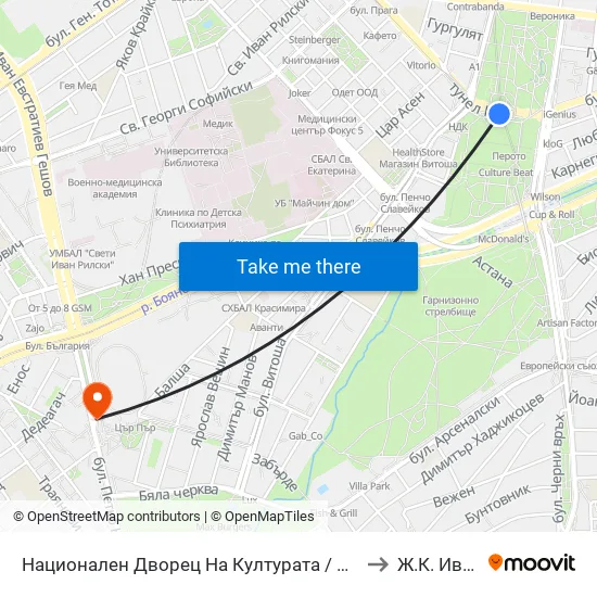 Ⓜ️ Национален Дворец На Културата / National Palace Of Culture (1139) to Ж.К. Иван Вазов map