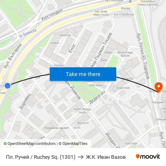 Пл. Ручей / Ruchey Sq. (1301) to Ж.К. Иван Вазов map