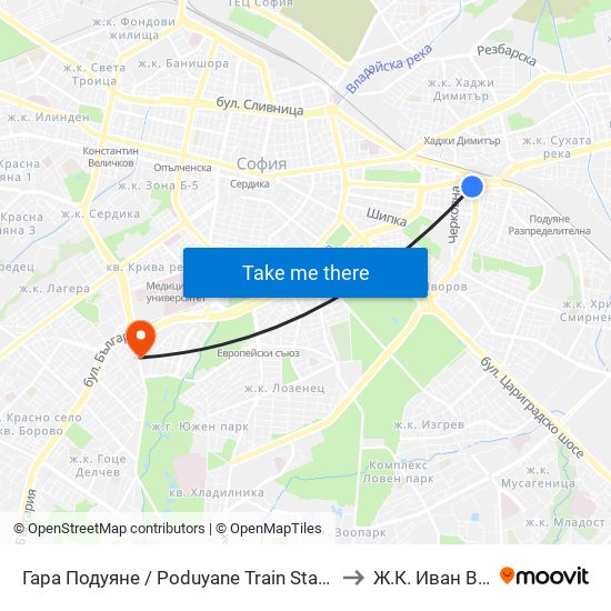 Гара Подуяне / Poduyane Train Station (0468) to Ж.К. Иван Вазов map