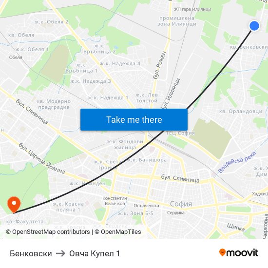 Бенковски to Овча Купел 1 map