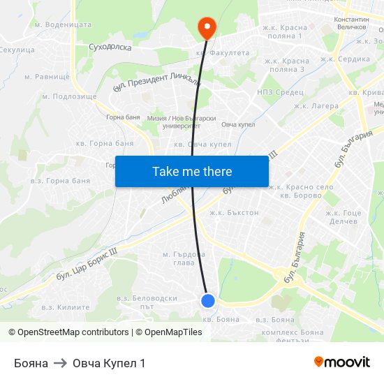 Бояна to Овча Купел 1 map