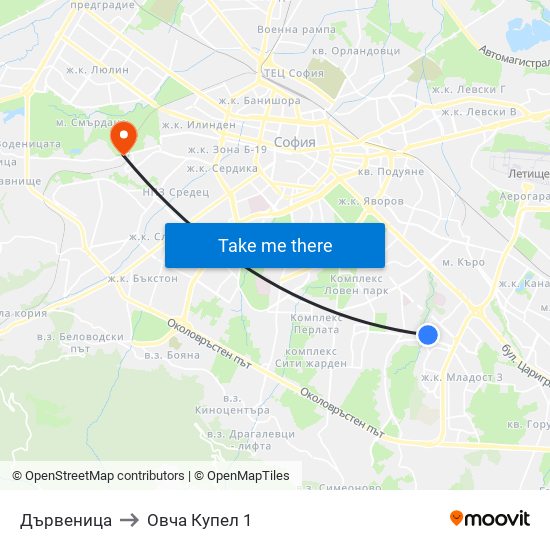 Дървеница to Овча Купел 1 map