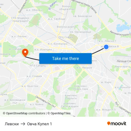 Левски to Овча Купел 1 map