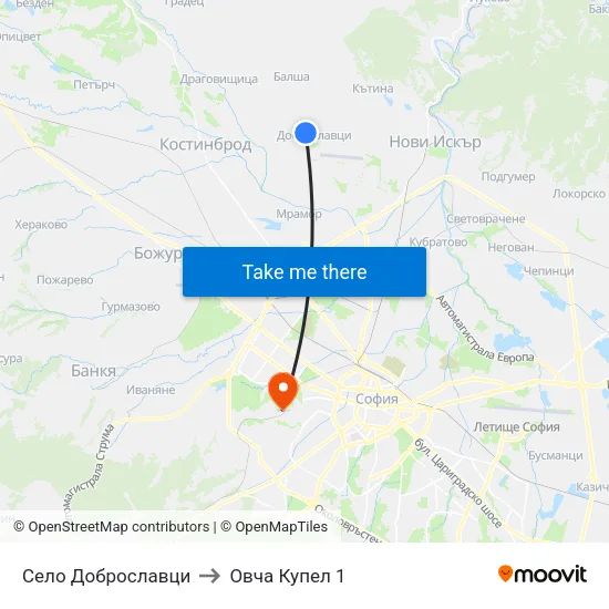 Село Доброславци to Овча Купел 1 map