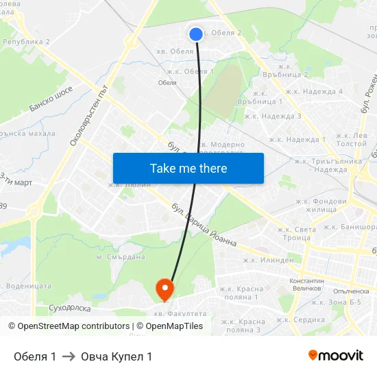 Обеля 1 to Овча Купел 1 map