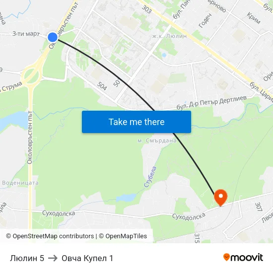 Люлин 5 to Овча Купел 1 map