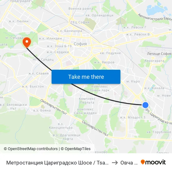 Ⓜ️ Метростанция Цариградско Шосе / Tsarigradsko Shosse Metro Station (1016) to Овча Купел 1 map