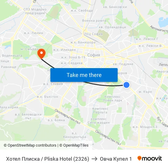 Хотел Плиска / Pliska Hotel (2326) to Овча Купел 1 map