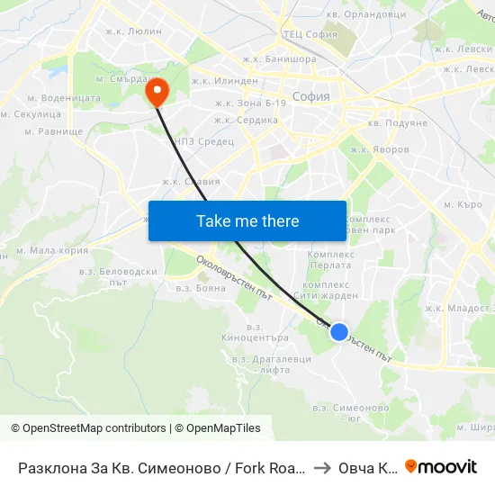 Разклона За Кв. Симеоново / Fork Road To Simeonovo Qr. (1458) to Овча Купел 1 map