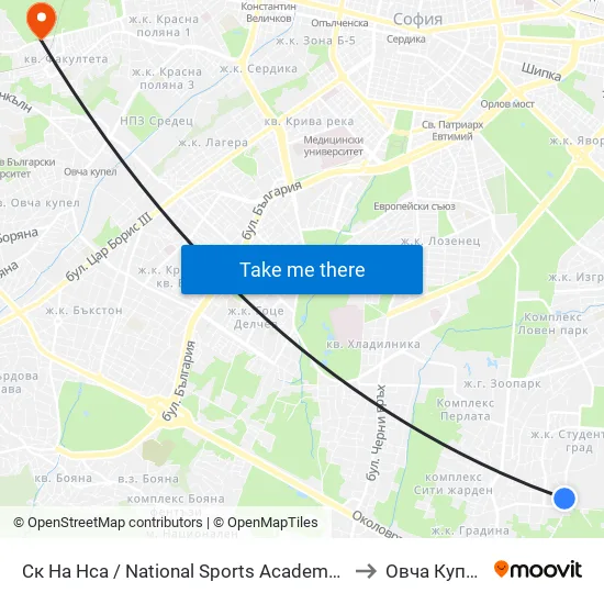 Ск На Нса / National Sports Academy (1609) to Овча Купел 1 map