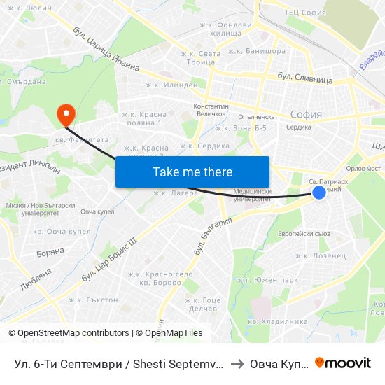Ул. 6-Ти Септември / Shesti Septemvri St. (1808) to Овча Купел 1 map