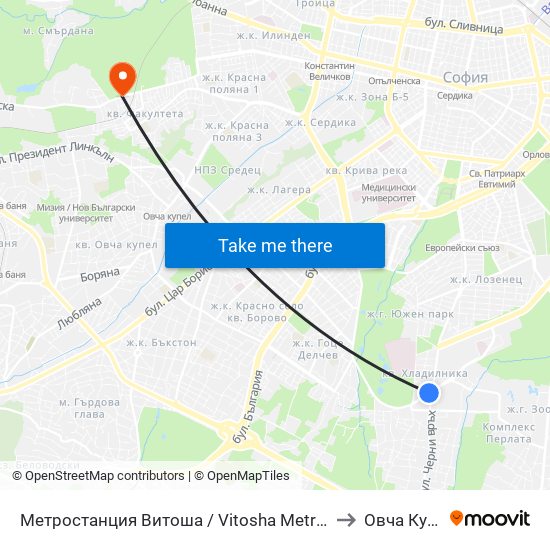 Метростанция Витоша / Vitosha Metro Station (2755) to Овча Купел 1 map