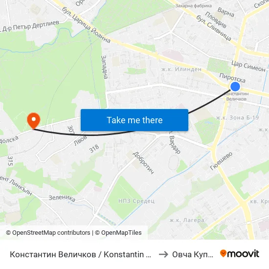 Константин Величков / Konstantin Velichkov to Овча Купел 1 map