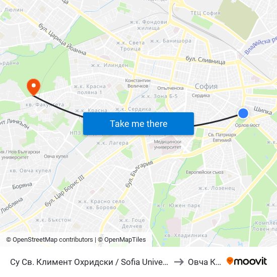 Су Св. Климент Охридски / Sofia University St. Kliment Ohridski to Овча Купел 1 map