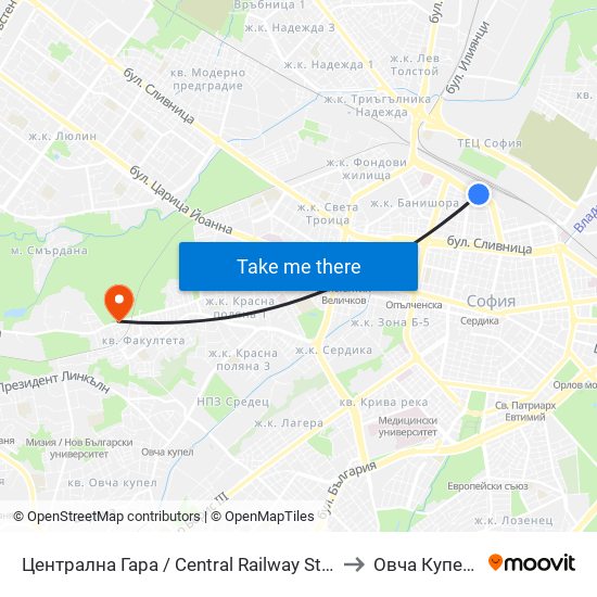 Централна Гара / Central Railway Station to Овча Купел 1 map