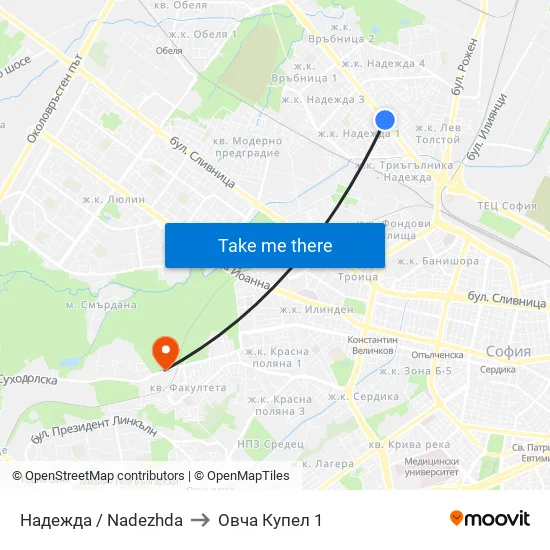 Надежда / Nadezhda to Овча Купел 1 map