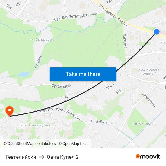 Гевгелийски to Овча Купел 2 map