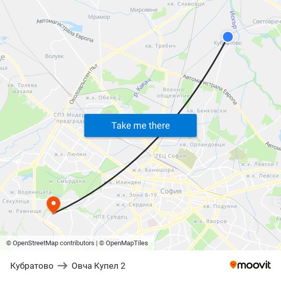 Кубратово to Овча Купел 2 map