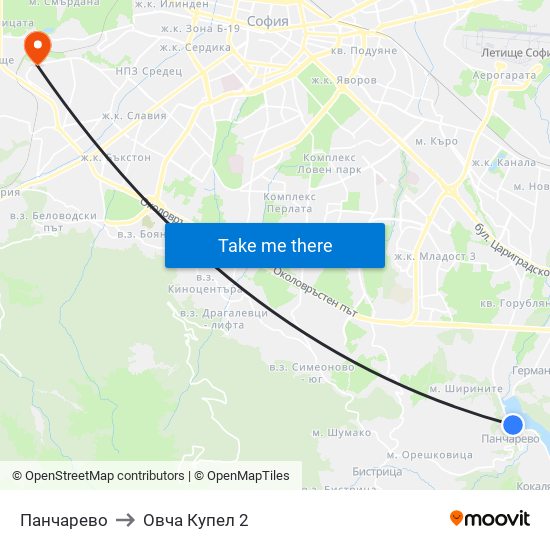 Панчарево to Овча Купел 2 map