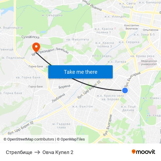 Стрелбище to Овча Купел 2 map