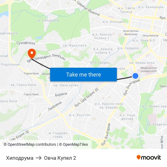 Хиподрума to Овча Купел 2 map